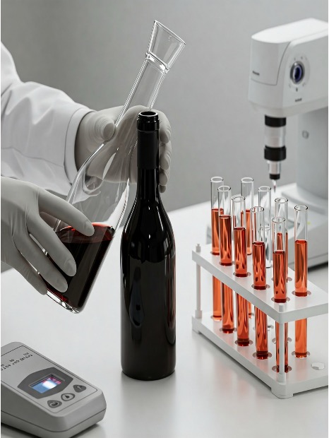 Laboratory scene showing a scientist pouring liquid from a flask into a dark wine bottle, alongside test tubes filled with colored liquid and a digital measuring device.